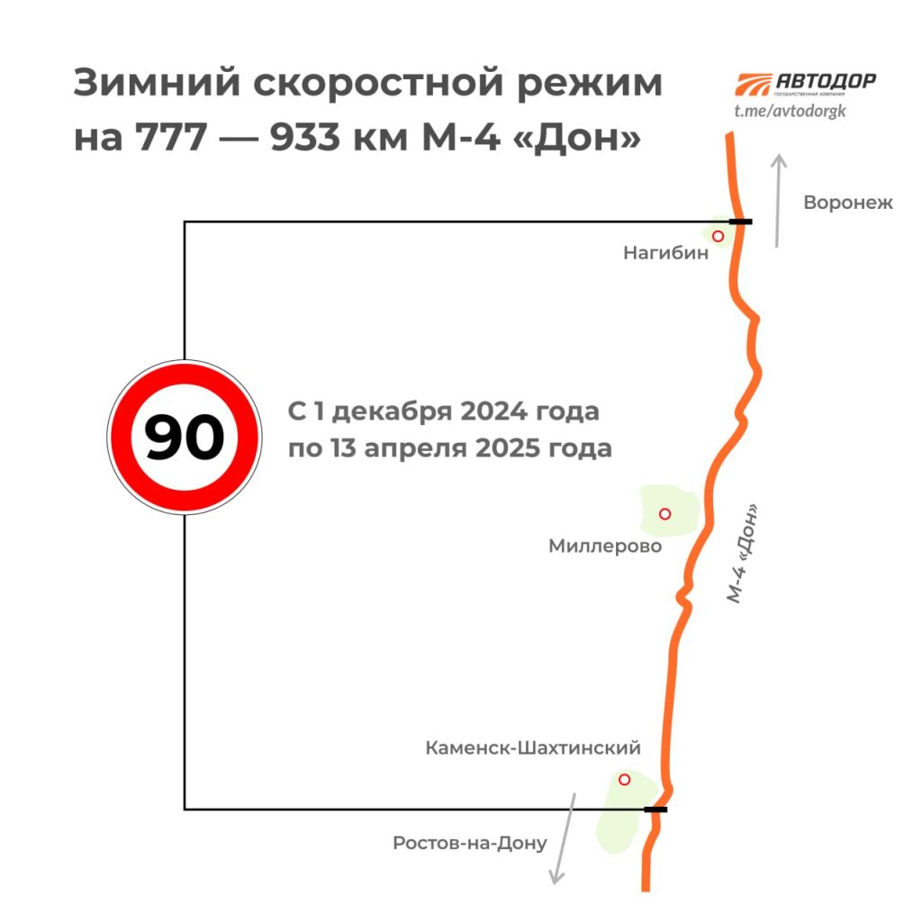 С 1 декабря на М-4 «Дон» в Ростовской области вводится зимний скоростной режим